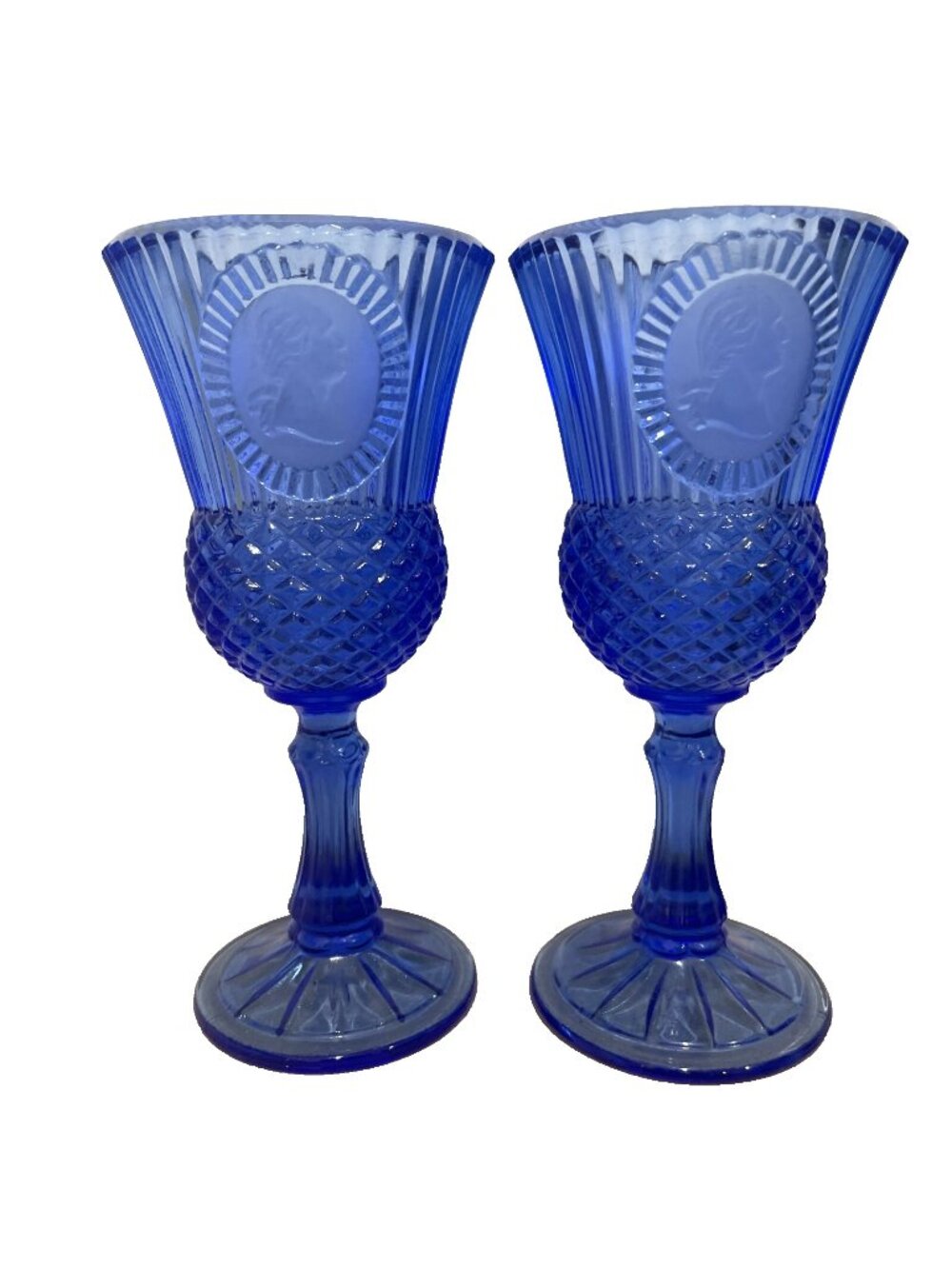 Fostoria Avon Cobalt Blue Glass George Martha Washington Set of 2 Goblets 8"